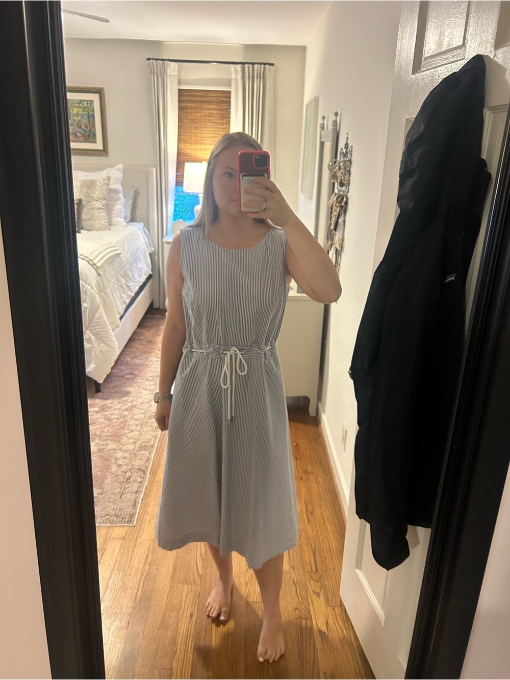 Talbots Light Blue & White Sleeveless Drawstring Midi Dress